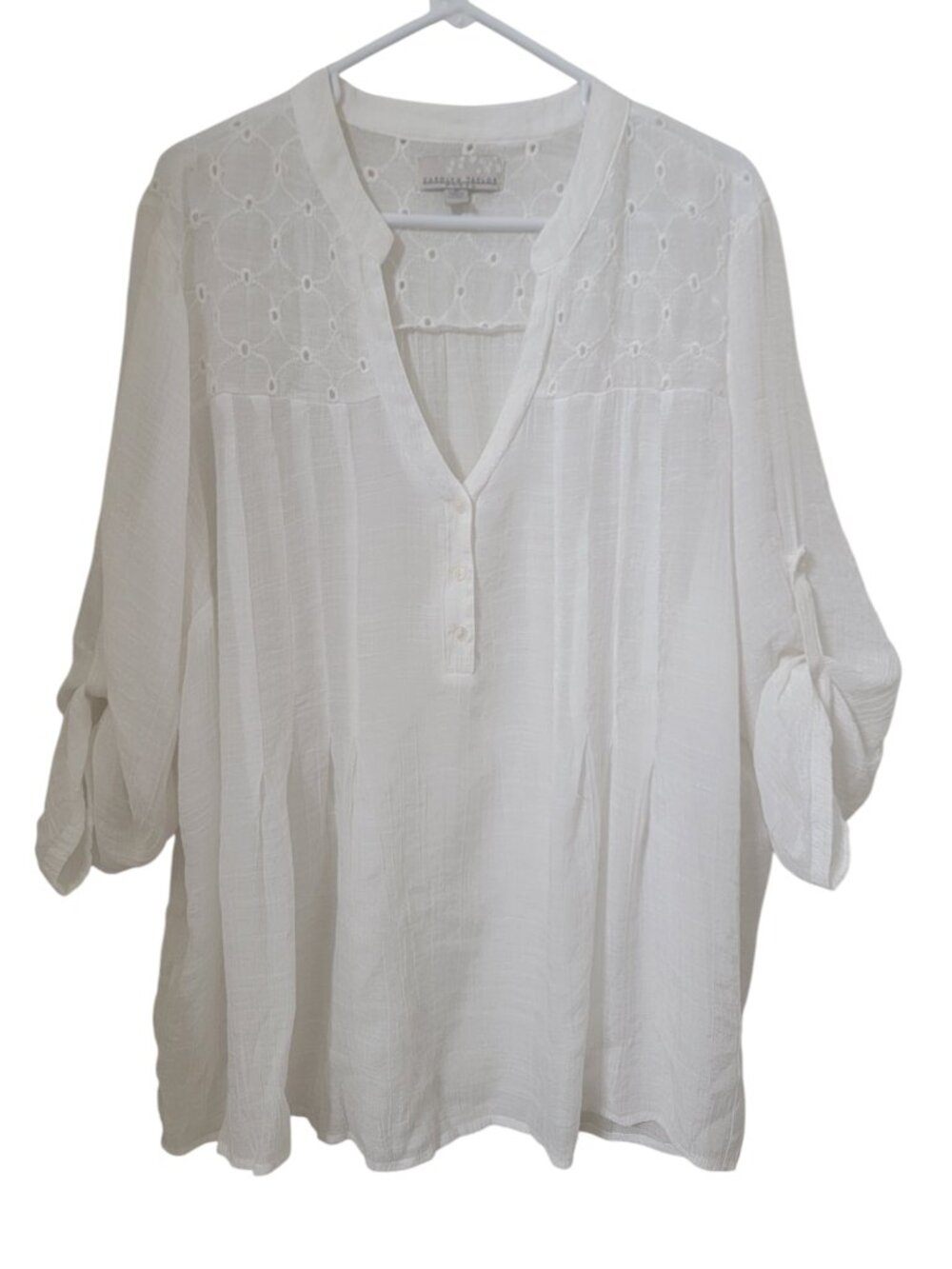 Carolyn Taylor Size 2X White Crinkle Gauze/Crepe Tunic Blouse, Roll-Tab Sleeves